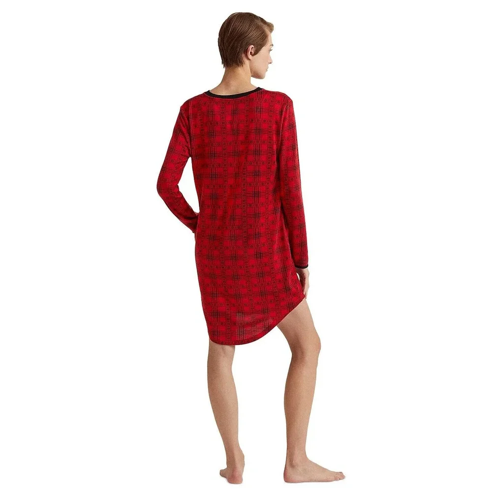 LAUREN RALPH LAUREN Women's Printed Henley Sleepshirt Red‎ black Size XL
